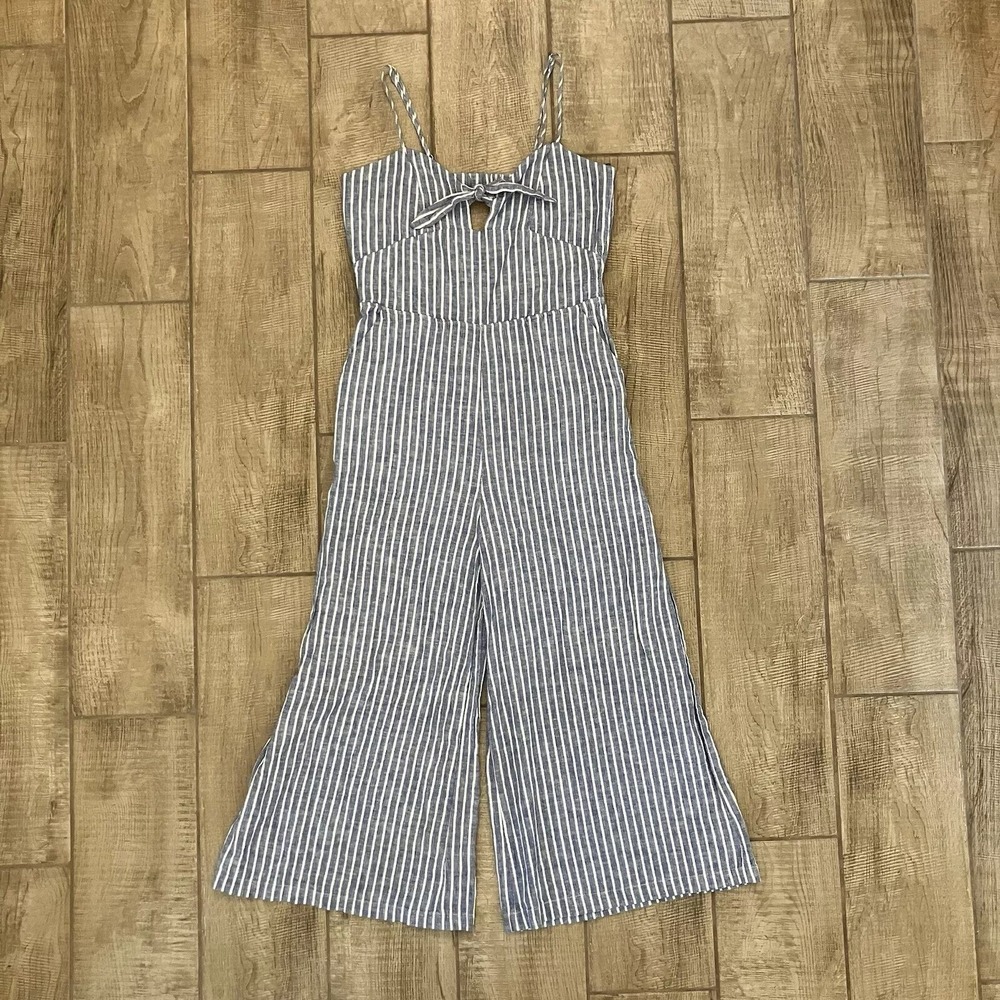 GB Gianni Binni Romper LG Blue White Linen Cotton Blend Stripe Jumper Wide Leg